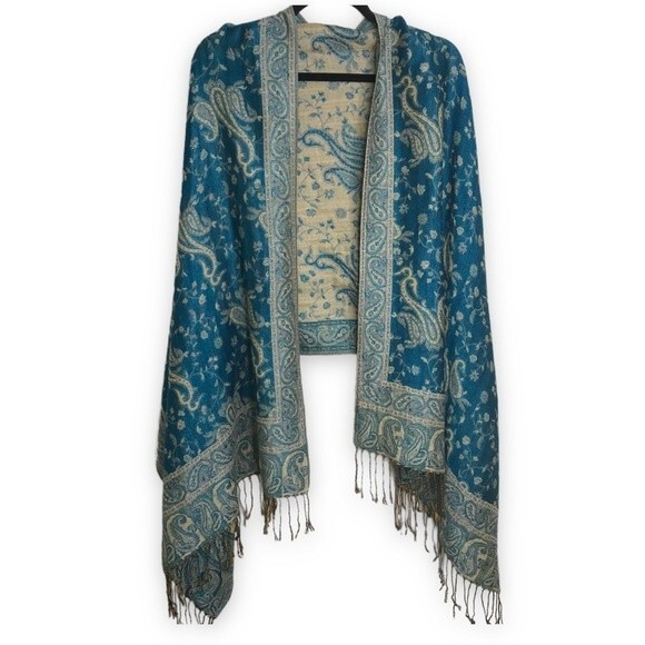 Blue Paisley Scarf Pashmina Wrap Festival Rectangular Shawl 27 X 70 Peacock - Picture 1 of 11